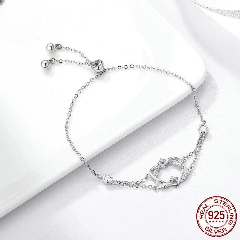 Koreanischer Stil, mit Diamanten besetztes, exquisites, dünnes Armband aus S925-Sterlingsilber, doppeltes Herz umwickelt, Damen-Temperament, Valentinstagsgeschenk