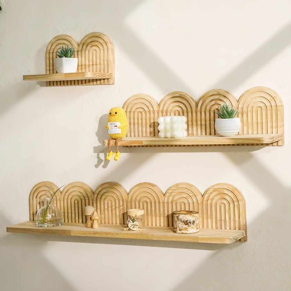 Wall Mounted Boho Wooden Shelves Rainbow Design Geometric Arched Wall Shelves Floating Threaded Multi-Layer