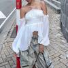 Spring Sexy Off Shoulder Ruffled Peplum Slim Fit Lantern Sleeve Halter Top For Women