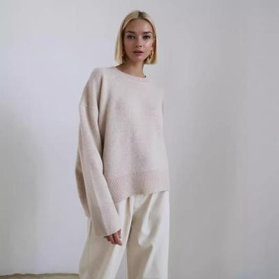 Haut Tricoté à Col Rond et Manches Longues pour Femme Coupe Ample Pull Casual Uni Mélange Cachemire Pull à Enfiler