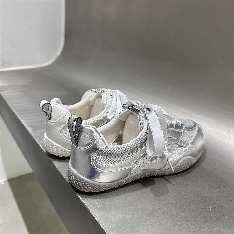 Fashion Riband Women's German Training Shoes Mix Order 2025 Summer Pearl Mesh Breathable Forrest Gump Shoes Soft Sole Silver and White