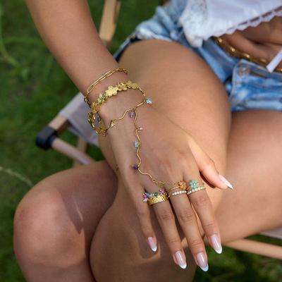 Vacation Style Colorful Natural Stone Finger Bracelet For Women Stainless Steel Flower Ring Fine Jewelry Gift