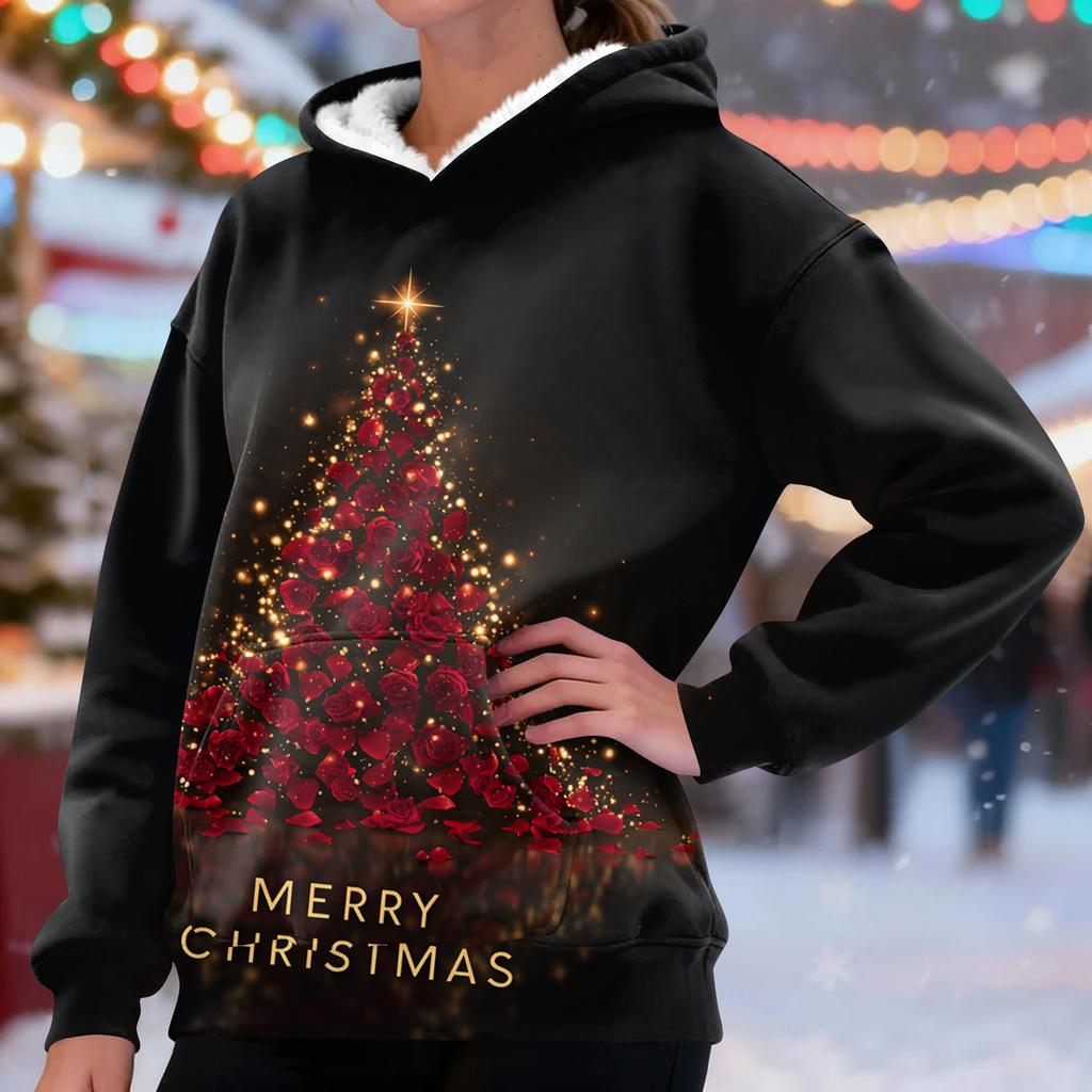 Women's Casual Fashion Plus Velvet Thickened Christmas Print Hooded Sweatshirt