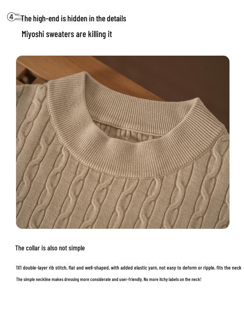 Herren Herbst- und Winter Pullover mit Zopfmuster aus Wolle - Einfacher Rundhalsausschnitt, Langarm, Einfarbige Farbe.