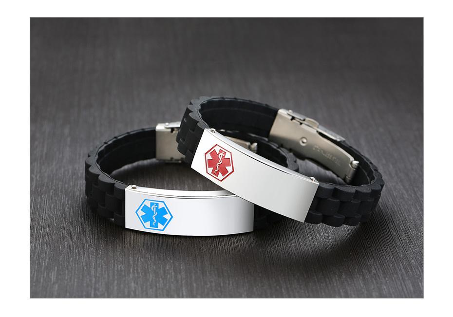 Personalisierbare Namensgravur Krankheitsinformationen Notfall-ID-Armbänder für Männer Schwarzes Silikon Sport Medizinischer Alarm Unisex Handgelenk-Armbänder