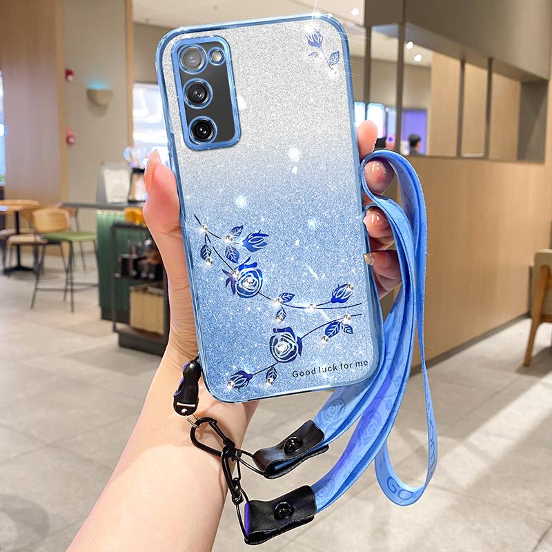 KADEM For Samsung Galaxy S20 FE 4G/FE 5G/S20 Lite/S20 FE 2022 Case Glitter TPU Flower Decor Phone Cover with Strap