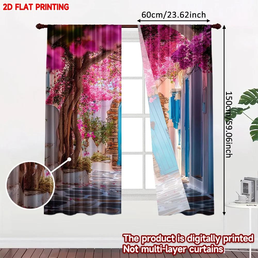 Set Of 2 Pink Blossom Alley Curtains Digital Printing Blue Doors Stone Path Flowering Tree Scene Bedroom Living Room Decor Made Polyester Great Window