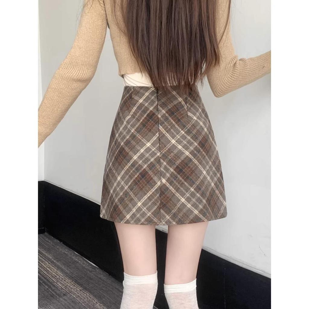 Women's Plus Size Collegiate Style Wool Plaid Mini Skirt In Coffee, Autumn/Winter