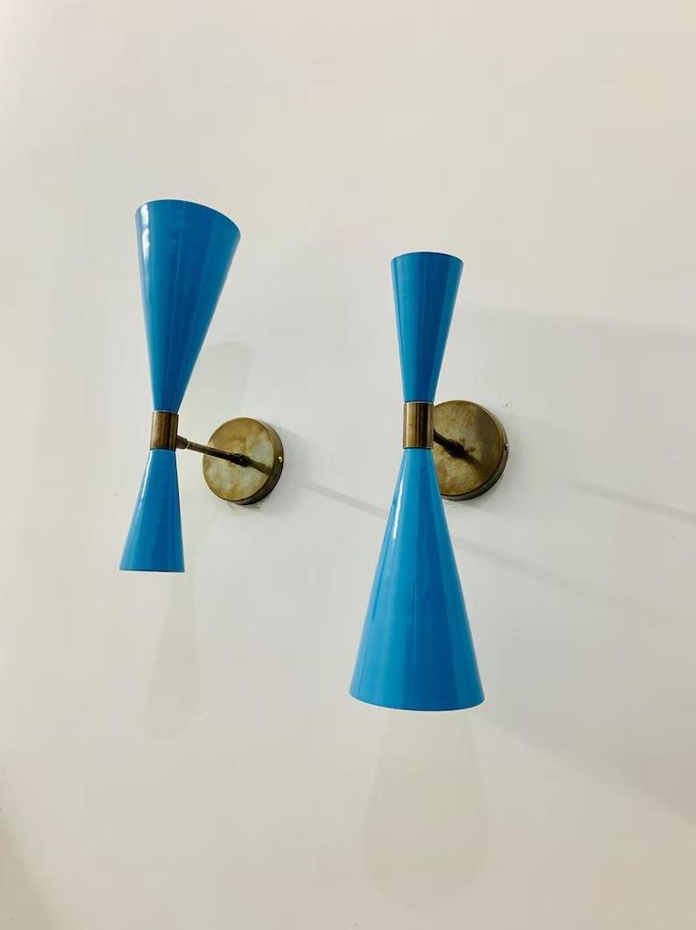 Mid Century Italian Brass Wall Lamp: Blue Sconce Lighting (Set of Two)