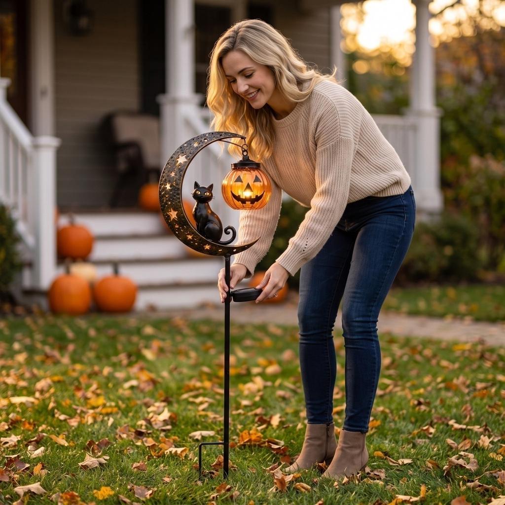 Luce a paletto da giardino per Halloween con design a zucca e luna per decorazione esterna