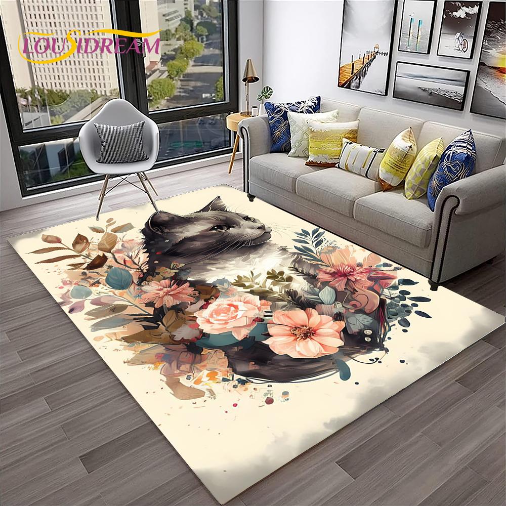 Covor de Cameră Drăguț cu Pisică și Flori Stil Desen Animat Pastoral pentru Casă Sufragerie Dormitor Canapea Preș de Intrare Decor, Covor pentru Joacă Copii Covor de Podea