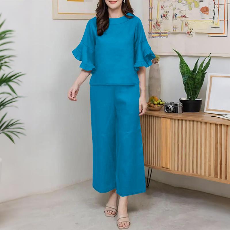 ZANZEA Women Half Sleeve Blouse and Pants Casual Two Piece Suit Sets