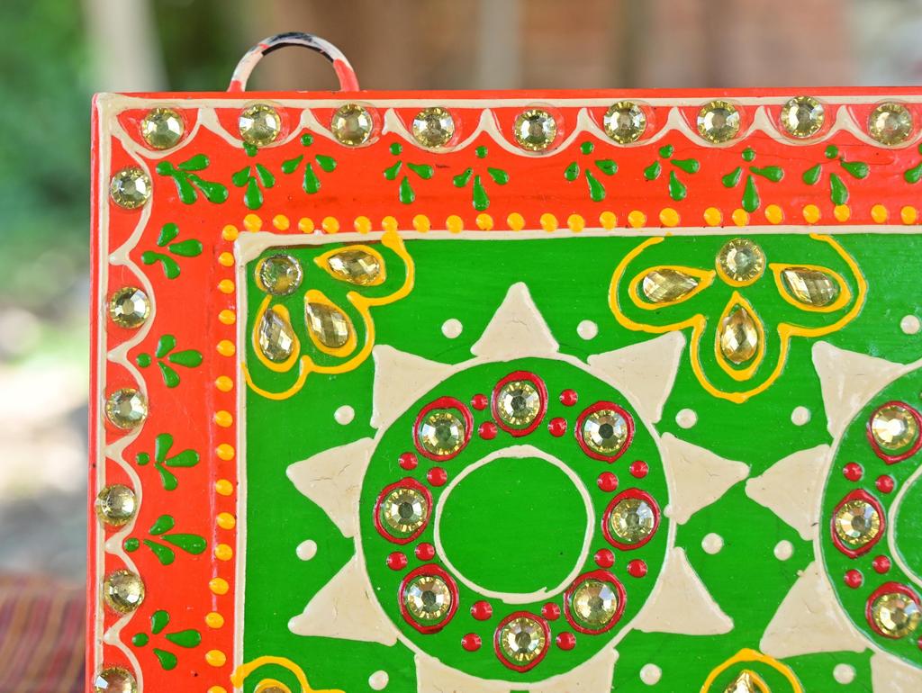 Indian Folk Art Mirror Work Wood Wall Panel: Hand-Painted Ethnic Decor