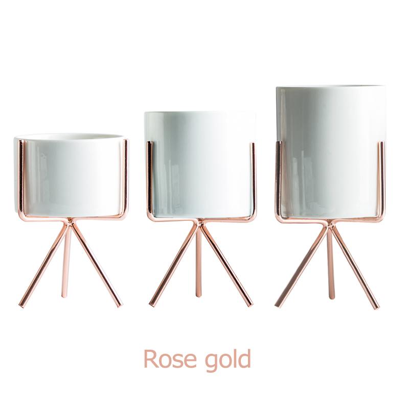Set aus 3 Keramik-Blumentöpfen mit Eisenständer für Sukkulenten Schreibtisch Keramik-Blumenvase Heim-Garten-Dekoration