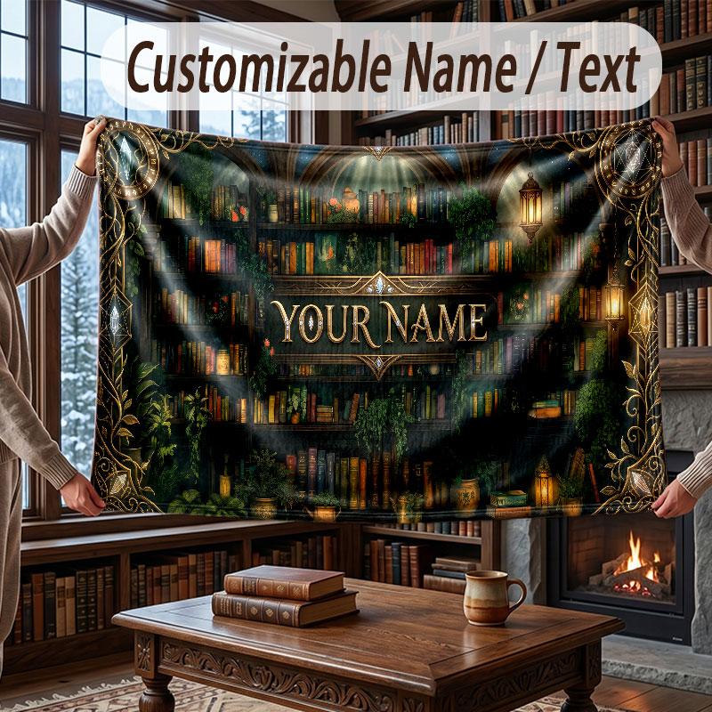 Nature Library Travel Theme Throw Blanket Custom Name Text Personalized Blanket Soft Cozy Blanket for Home Sofa Bed
