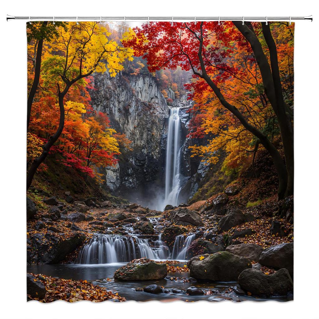 Waterfall Shower Curtain Rustic Floral Butterfly Fantasy Forest Tropical Plant Lake Nature Landscape Bathroom Decor With Hooks