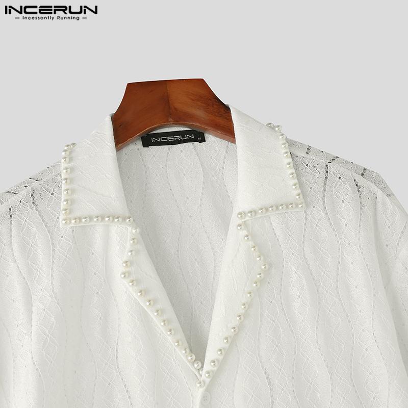 INCERUN Men Beading Neck Short Sleeve Lace Crochet Casual Oversized Shirts