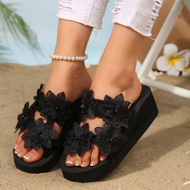 Fashion Women Shoes Thick Bottom Embroidery Flowers Slippers Women Vacation Beach Wedge Heel Sandals Woman 2025 Summer Platform Slides