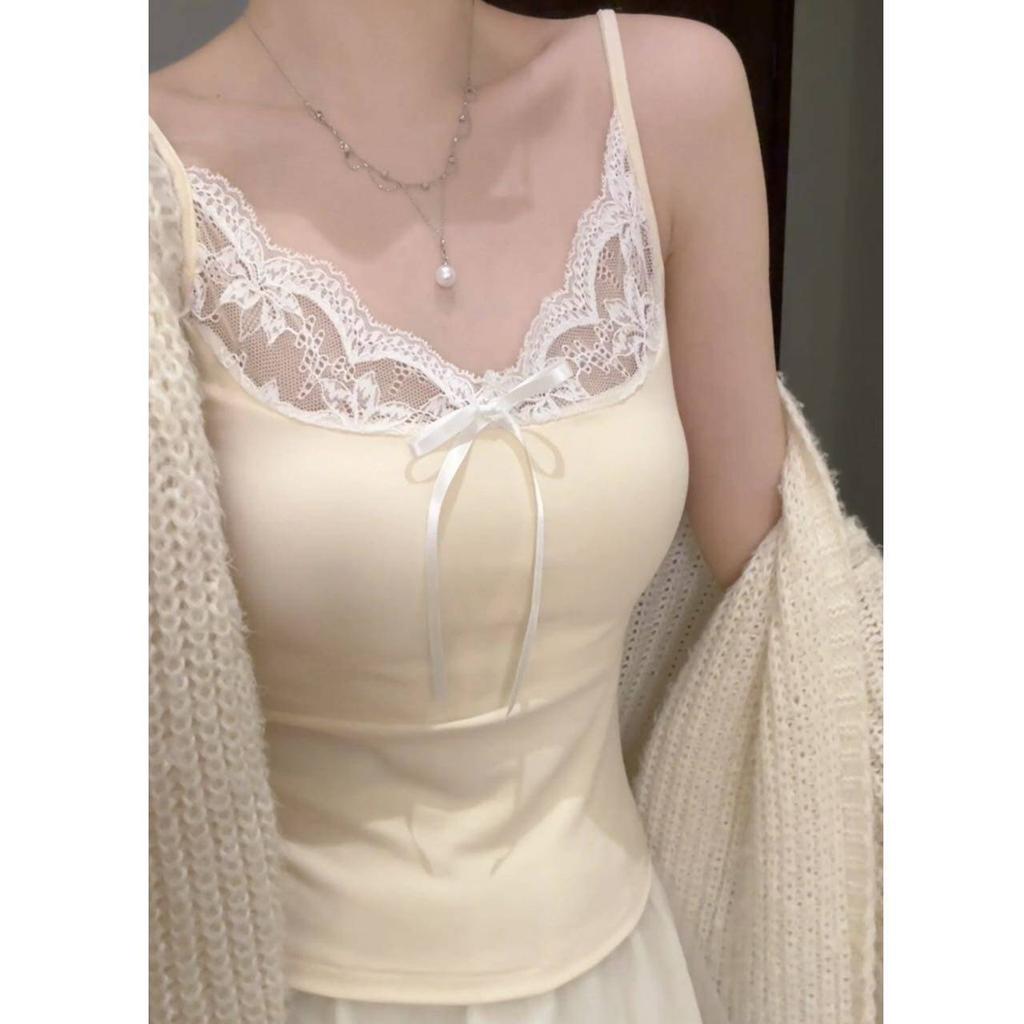 Women Spaghetti Strap Camisole Top Generic Lace Trim Bow Decor Soft Slim Fit Cami Tank Top, White Apricot Yellow Pink Black Gray Blue