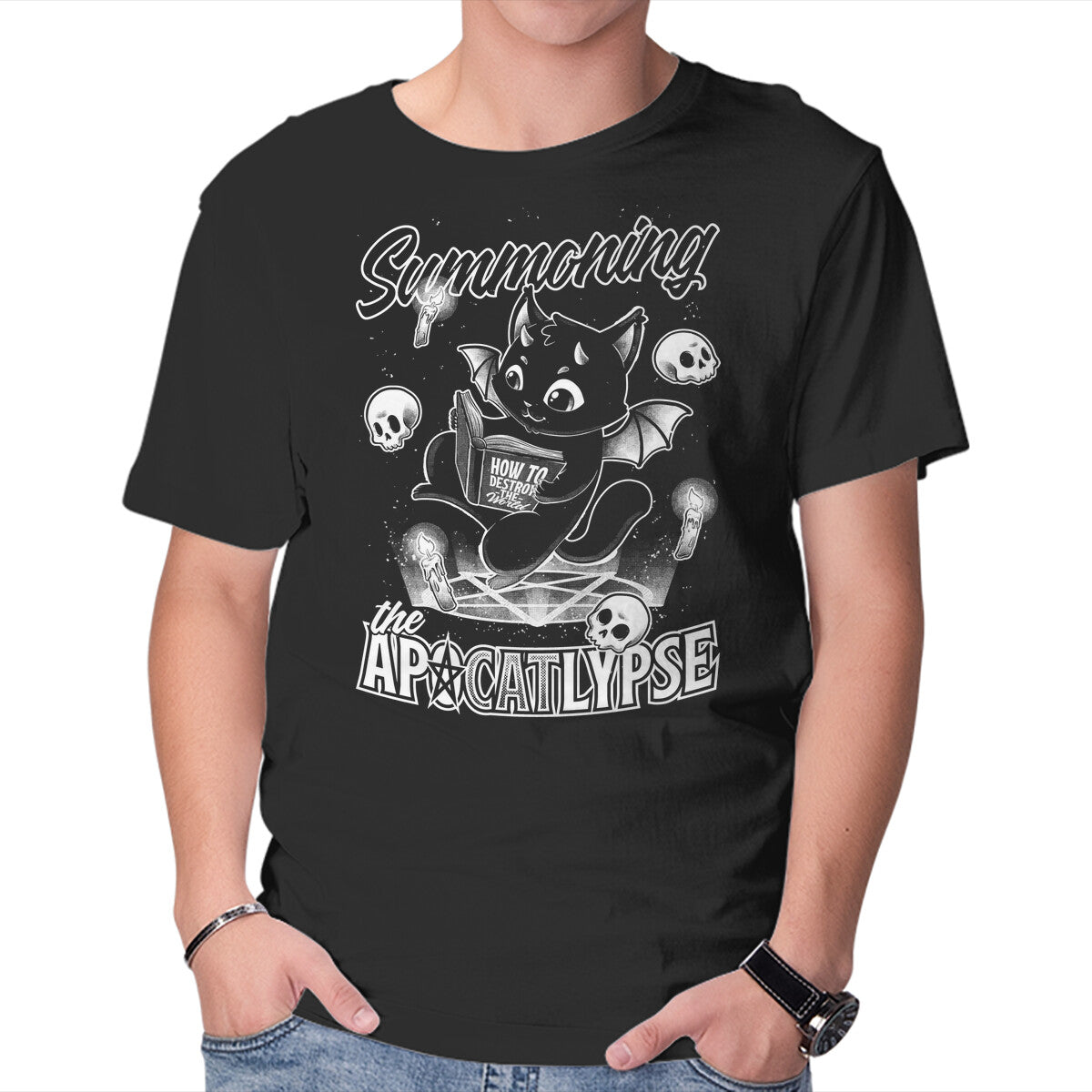 Unisex Crew Neck T-Shirt Summoning The Apocalypse Cat Graphic Short Sleeve Casual Tee XXL