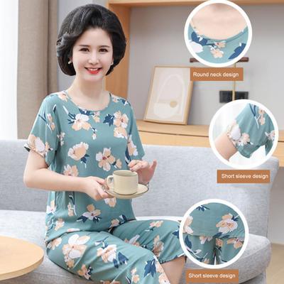 2-teiliges Pyjama-Set für Frauen mittleren Alters, Rundhalsausschnitt, Blumendruck, kurze Ärmel, elastische Taille, plissiert, locker, dünn, weites Bein, weiche Nachtwäsche