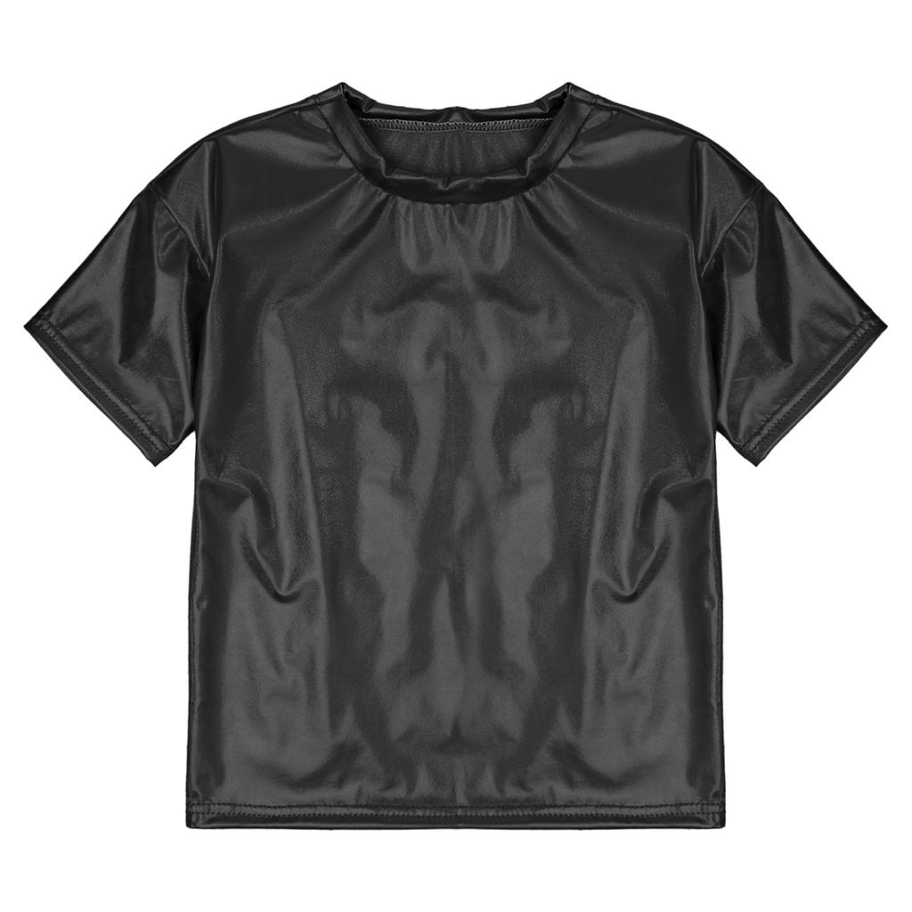 Kids Girls Boys Sparkling Short Sleeve Tops Fashion Round Neck T-shirt Dance Performance Costume