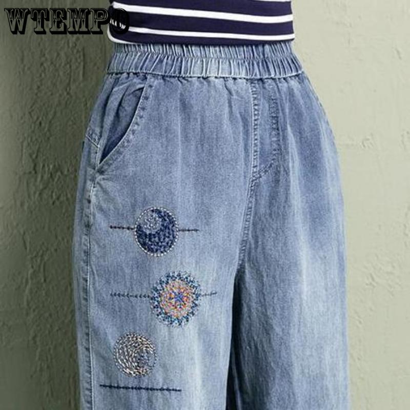 Women's Jeans Summer New Ethnic Wind Embroidered High Waist Thin Harlem Jeans Thin Retro Loose Large Yards Nine-quarter Pants