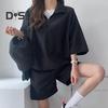 2 Pcs/Set Sweatshirt Shorts Set  Loose Solid Color Lapel Half Sleeves Pockets Elastic Waist Zipper Collar Breathable Smooth Quick Dry Soft Summer