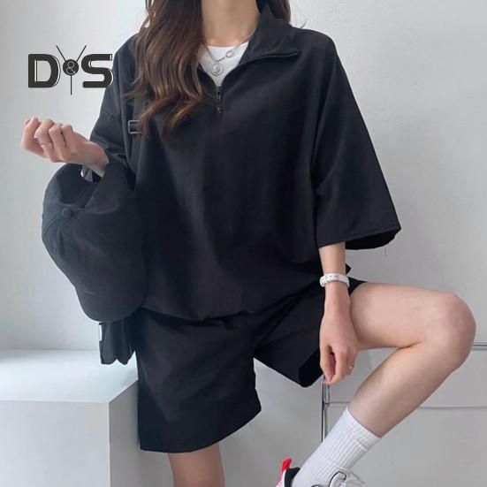 2 Pcs/Set Sweatshirt Shorts Set  Loose Solid Color Lapel Half Sleeves Pockets Elastic Waist Zipper Collar Breathable Smooth Quick Dry Soft Summer