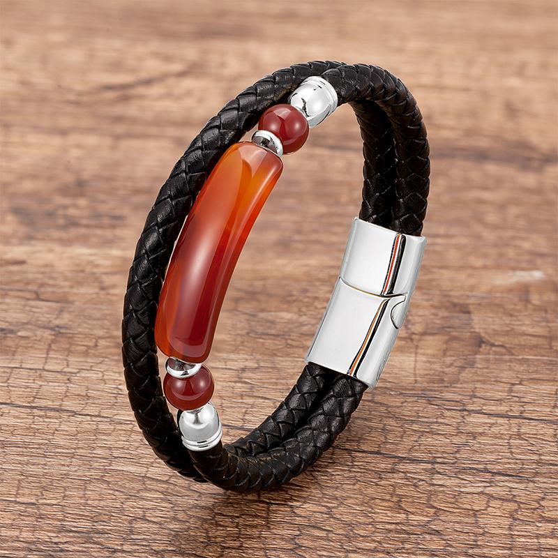 Minimalist Crystal Stone Bracelet Braided Leather Cord Stainless Steel Chain Waterproof Jewelry for Men Women Daily Use