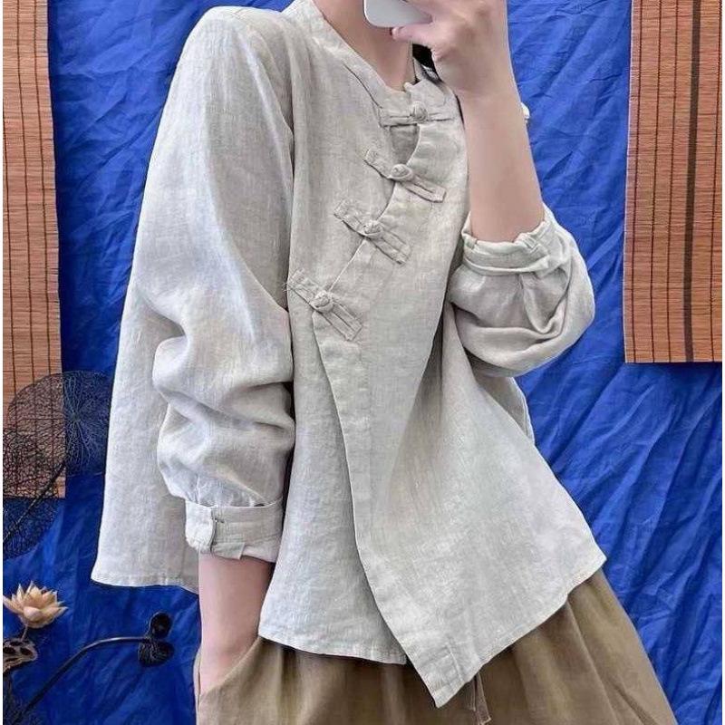 Elegant Women s Retro Chinese Frog Button Stand-Up Collar Long Sleeve Shirt Medium