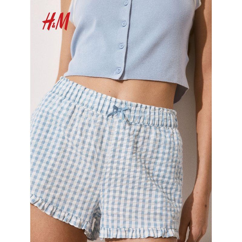 

HM Casual Pants 2025 Summer Women clothes Fashion Elastic Waist Seersucker Shorts 1284896 Light blue/checkered 165/80(M)