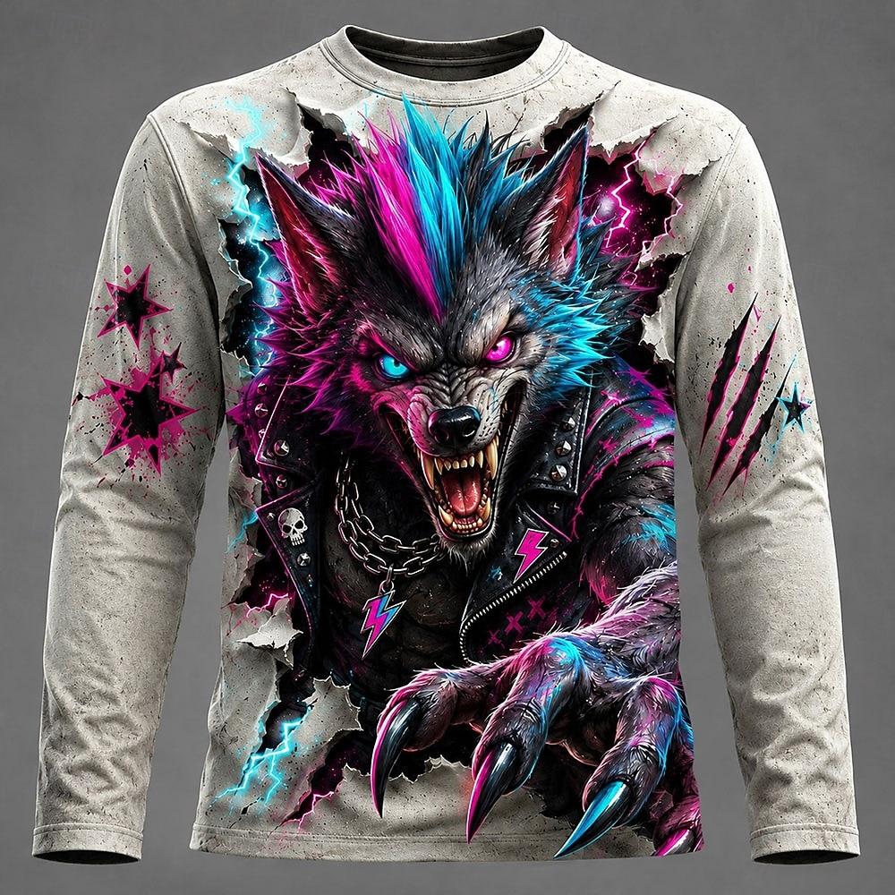 Men's Ripped Paper Werewolf 3D Print Long Sleeve T-Shirt Full Moon Claw Skull Punk Gothic Crew Neck Casual Streetwear Top