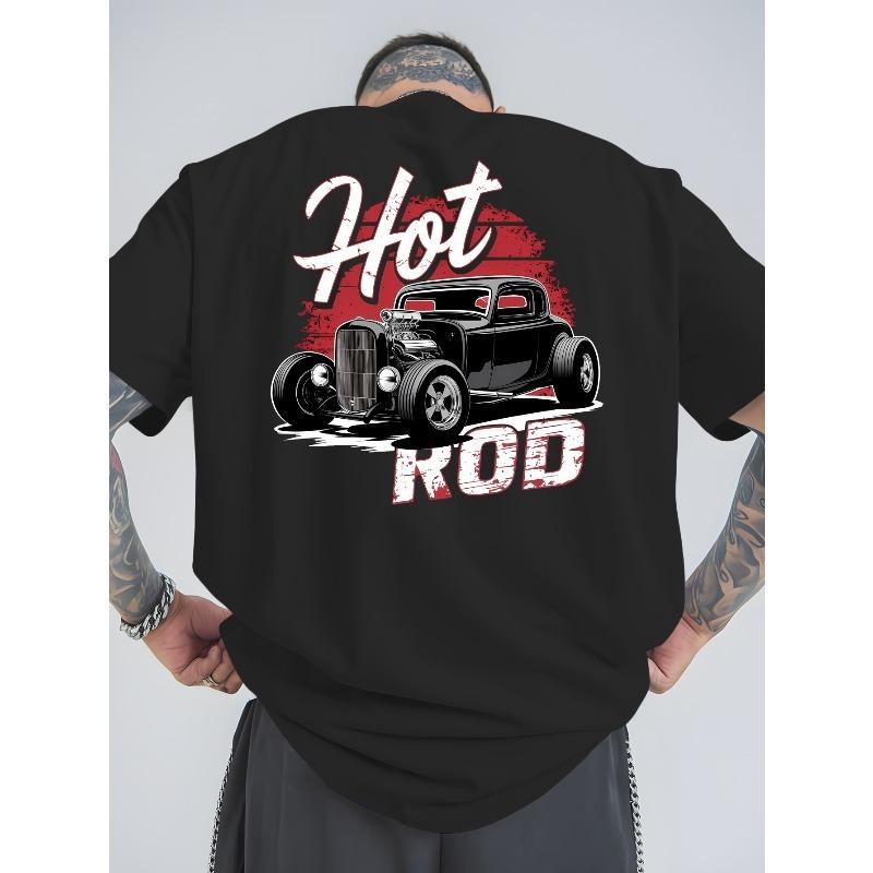 European Size Men's Hot Rod Car Print T-Shirt-Vintage Automotive Design with Bold Lettering,Loose Fit Breathable Summer Sportswear, Comfortable Fabric