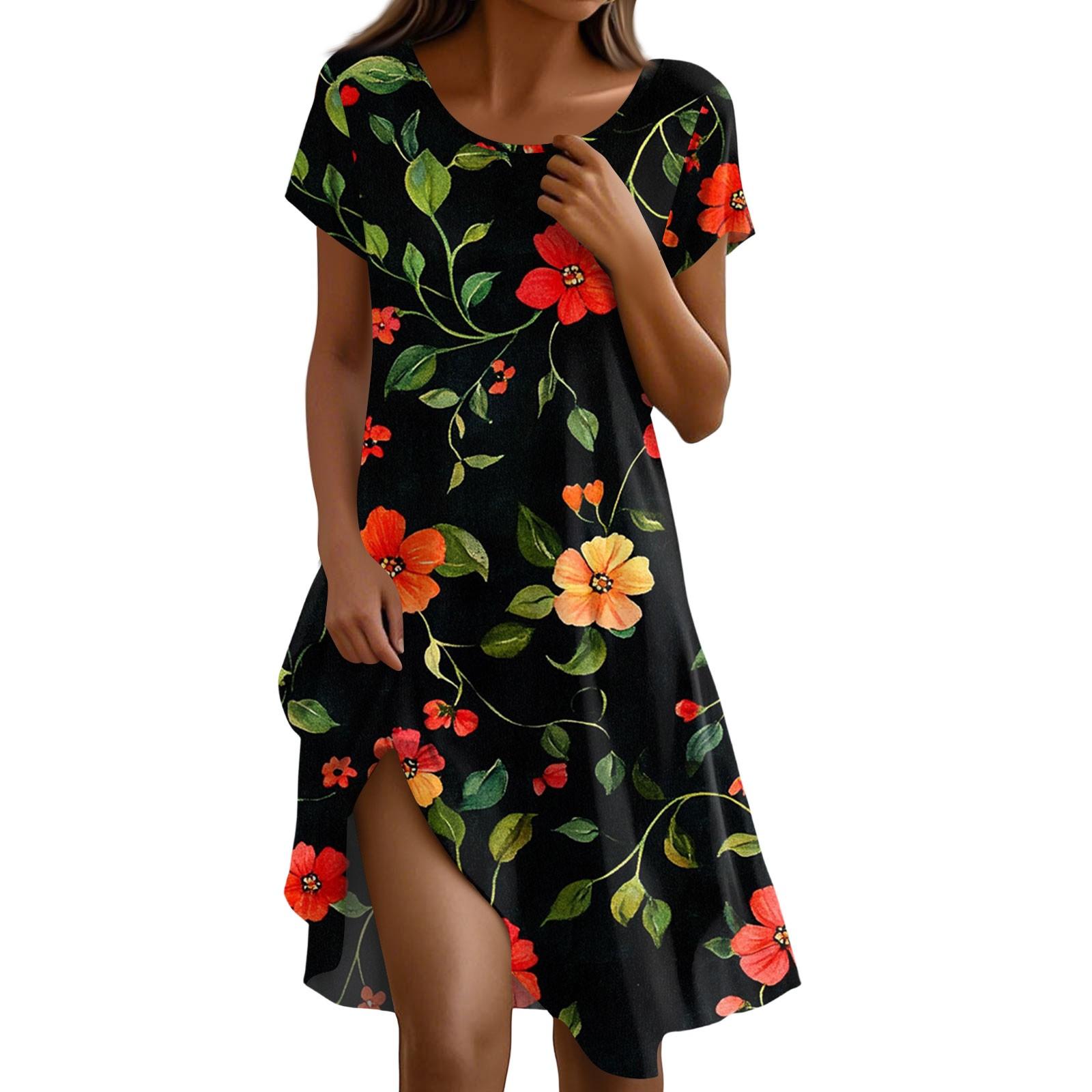 

Платье в стиле бохо с коротким рукавом для женщин, повседневное, свободного кроя, летнее, сарафан с цветочным принтом и карманами L чёрный