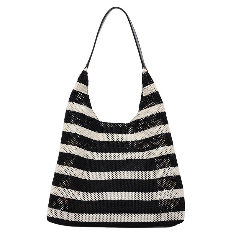 Premium contrasting striped woven bag large capacity hollow shoulder underarm bag tote bag leisure travel bag