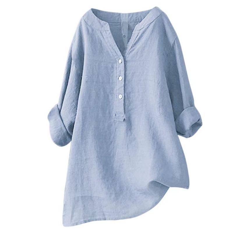 Women S Loose Solid Stand Collar Long Sleeve Cotton Linen Shirt