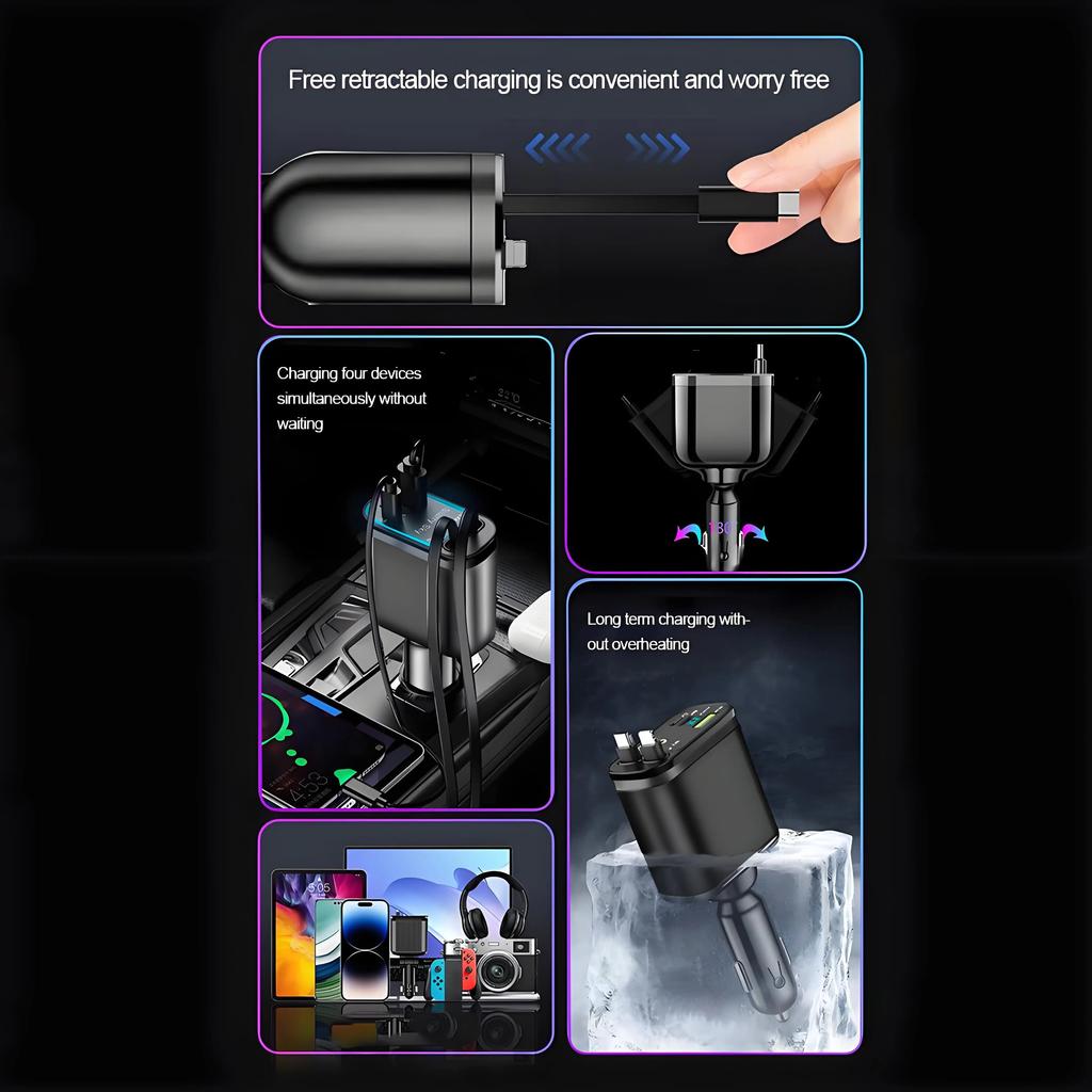 M4 5-IN-1 Einziehbarer Autoladegerät Schnellladung 70cm Kabel 20W PD Typ-C USB-Anschluss Netzteiladapter Autozubehör