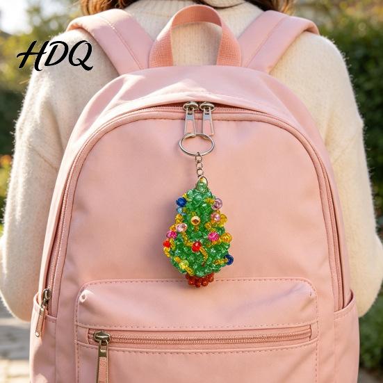 DIY Holiday Ornament Kit Christmas Tree Keychain Faux Crystal Beaded Xmas Pendant Decoration Hanging 3D Key Ring Charm Accessory for Home