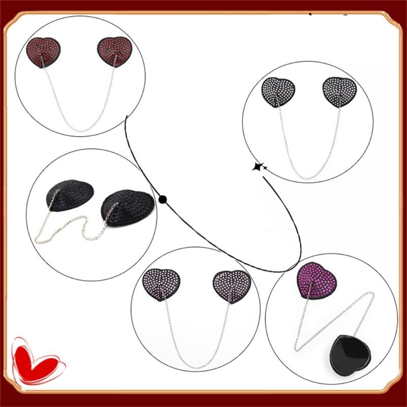 Women Adhesive Nipple Cover Rhinestones Heart Pasties with Metal Chain Reusable Chest Stickers Breast Cover Bra Petals