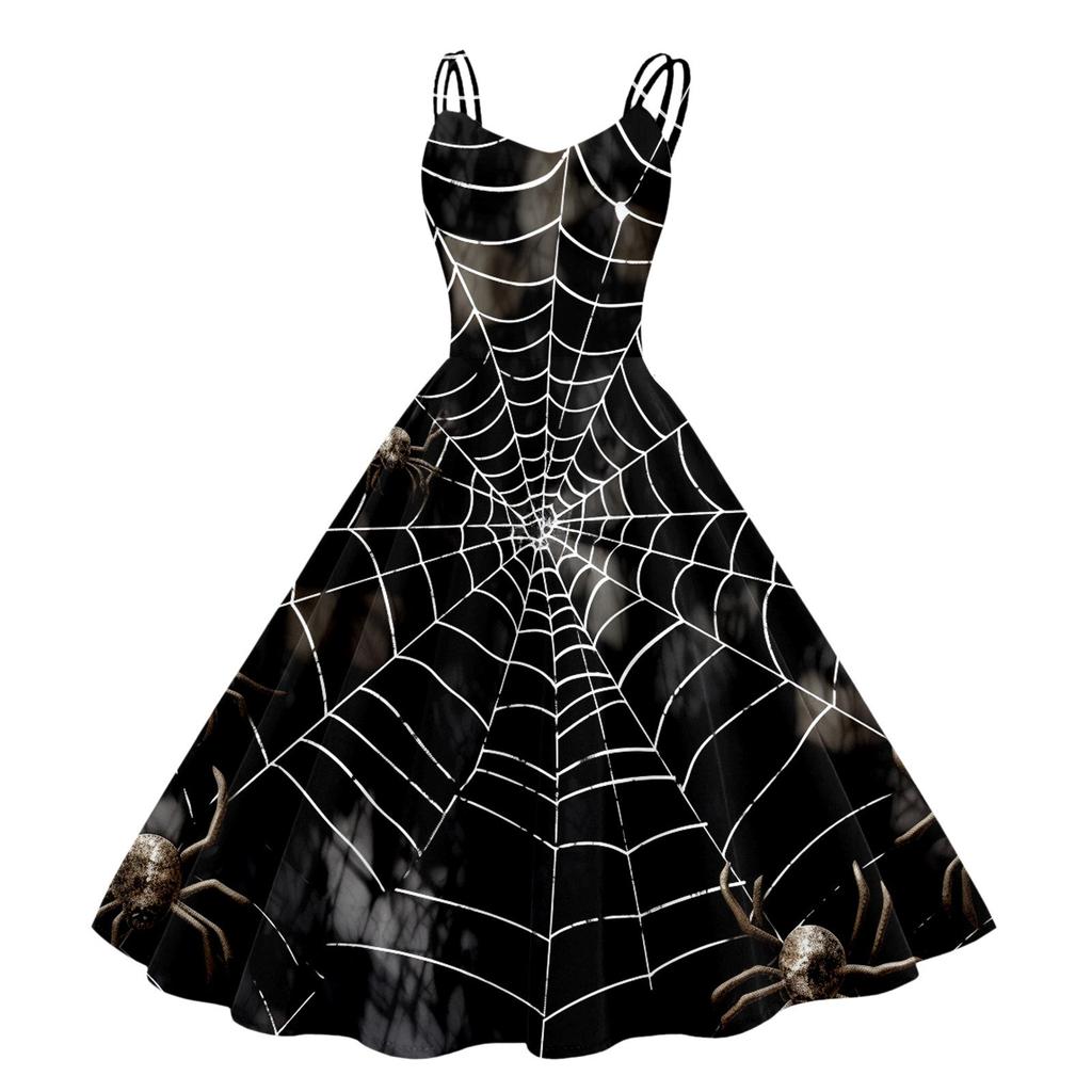 Naiste mood Halloweeni trükitud seksikas olkaimeta gooti kokteilikleit punki, vintage kleit.