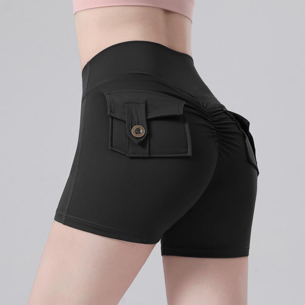 Szorty do jogi z wysokim stanem, transgraniczne: Uczucie drugiej skóry, Efekt liftingu brzoskwiniowego, Kieszeń, Fitness i Bieganie