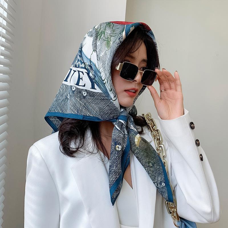 Spring New 91 Square Scarves Women's Elegant Korean Version of Twill Silk, Foreign Style Totem Printing Silk Scarf Decorative Scarf