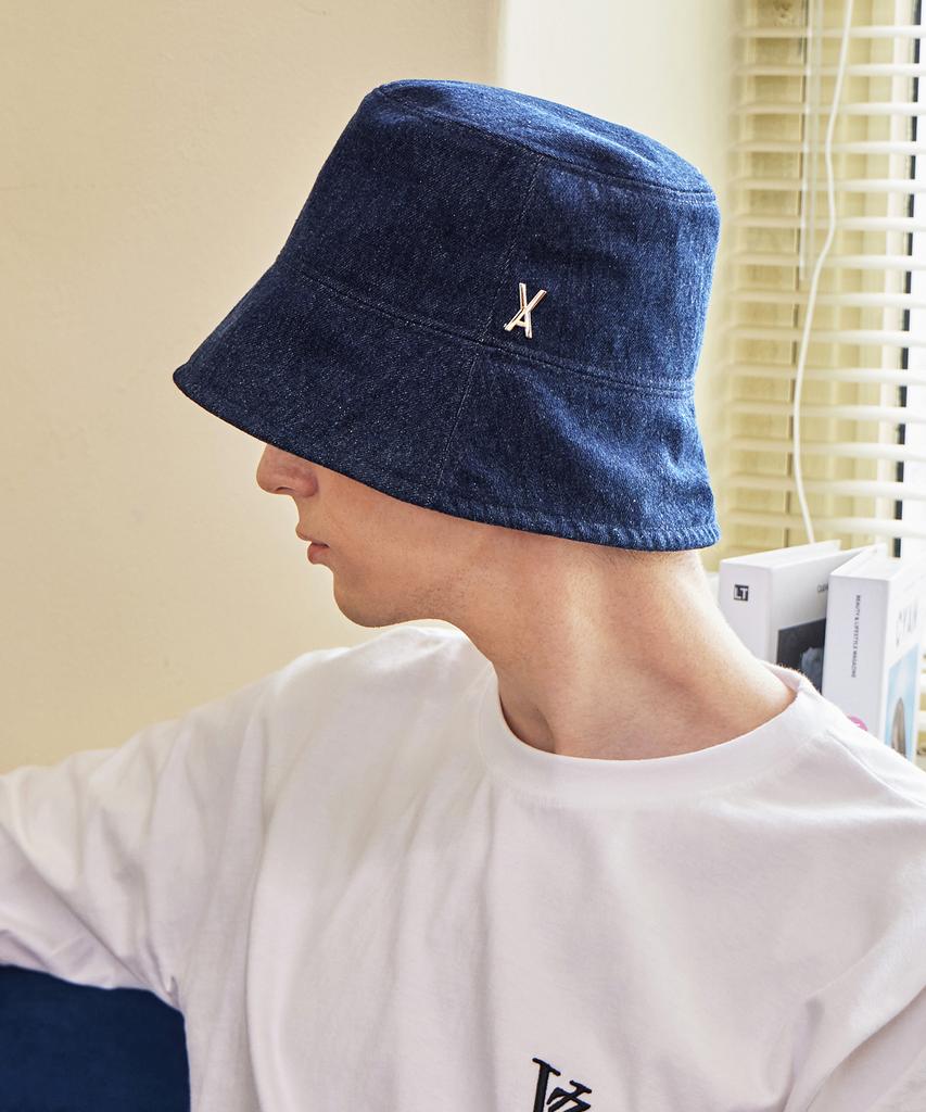 Bajal Va Studded Non-Washed Denim Drop Bucket Hat Indigo