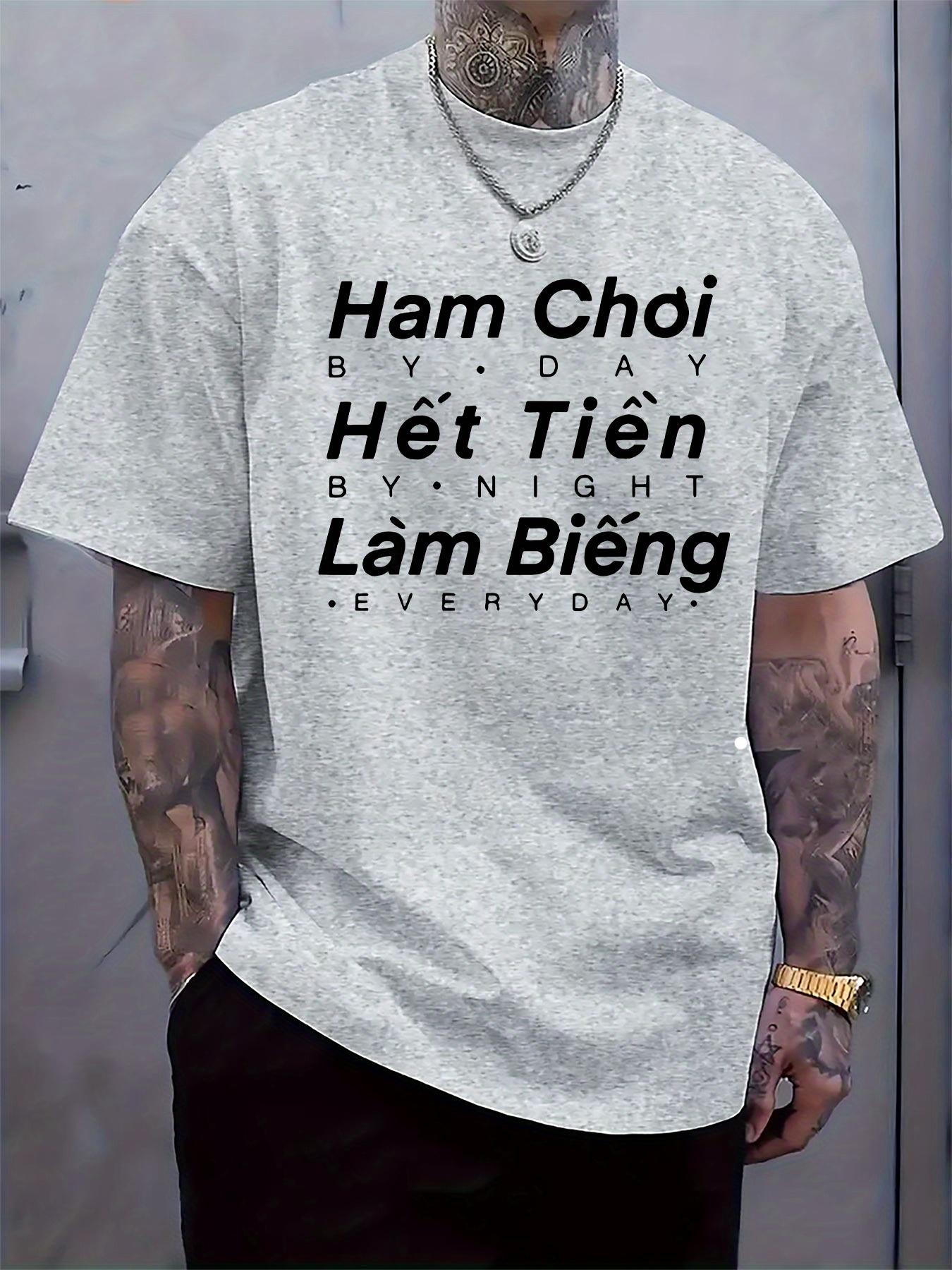 Round Neck Short Sleeve Tshirt with Vietnamese Text Print XXL