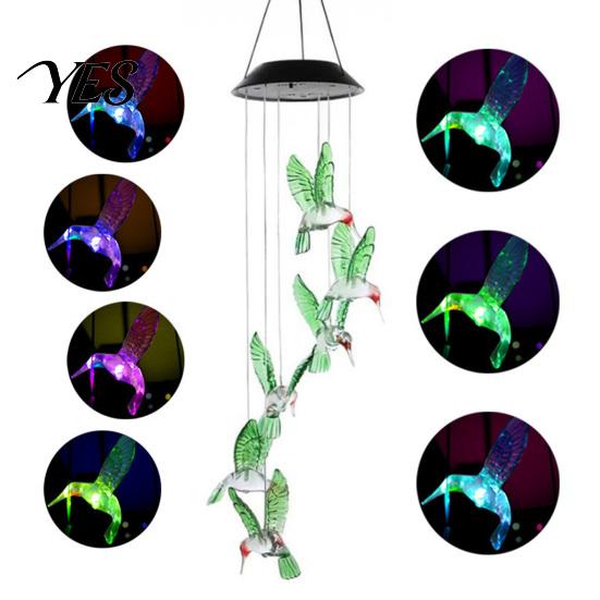 Solar Hummingbird Light Decor Wind Chime Light, Color Changing Powered Chime, with Panel Hanging LED Lamp for Outdoor, Garden, Courtyard