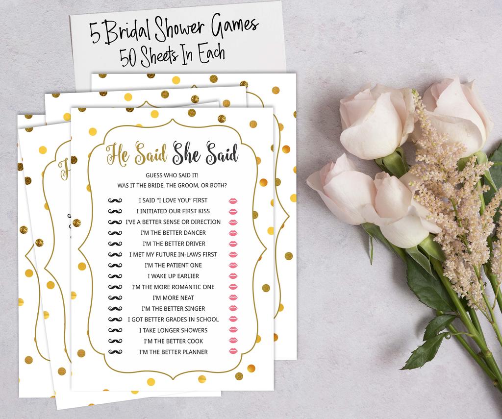 Inkdotpot Gold Confetti Theme Bachelorette Party Games Set Bundle of 5 (Activities for 50 Guests) Fun Bridal Shower Games Set