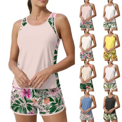 Women’s Two Piece Tankini Swimsuit with Tropical Print Athletic Tank Top and Swim Shorts for Beach Pool Sportswear