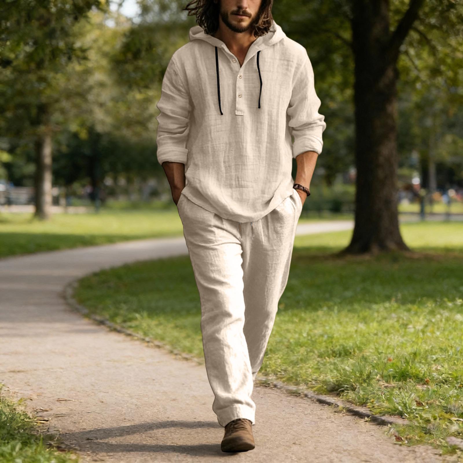 

Men s Linen Casual Set - Button Shirt Elastic Waist Drawstring Loose-Fit Pants Comfortable Two-Piece Set M хаки