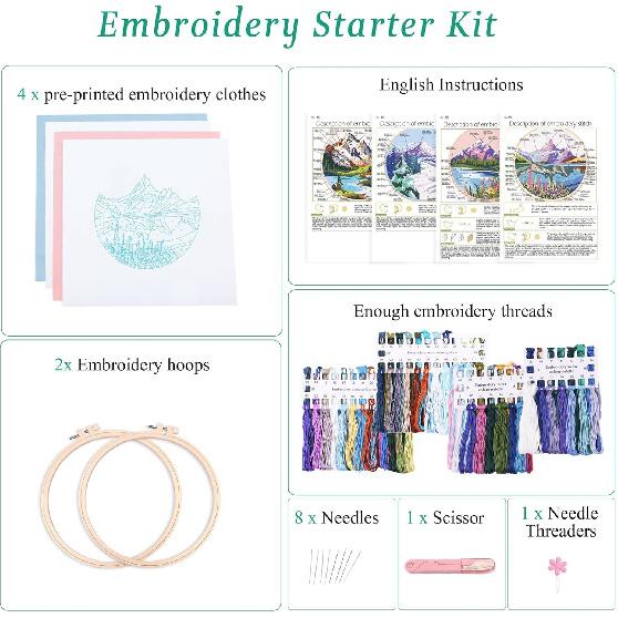 Harimau 4P in Beginner Embroidery Kit,Floral Plant Pattern,Cross Stitch Kits, Including Stamped Embroidery Cloth with 2 Embroidery Hoops, Color